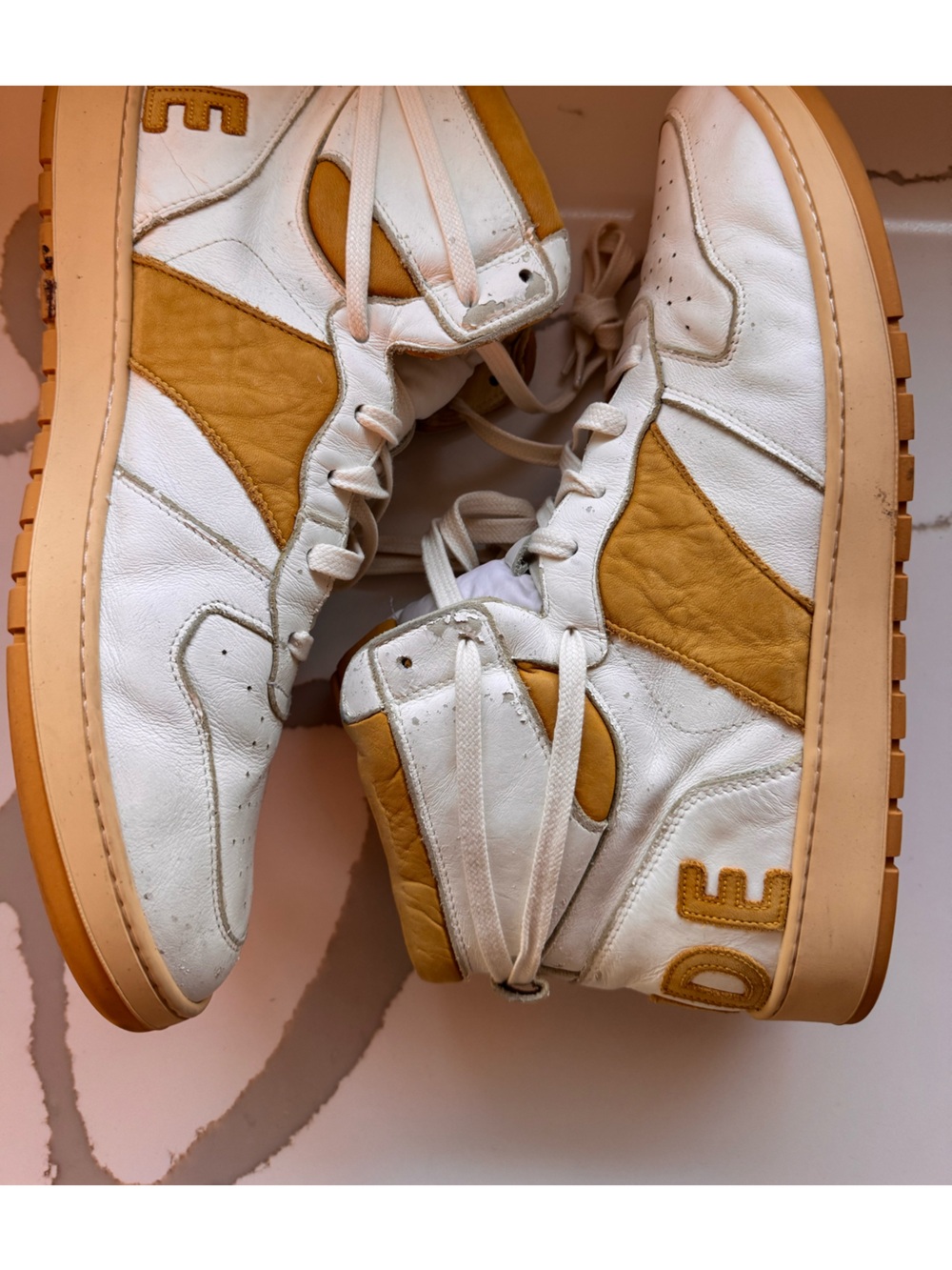 Rhude Rhecess Hi White/Yellow Leather Sneakers - Size 12 - Picture 2 of 16